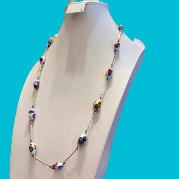 Vintage White Millefiori Murano Art Glass Gold Tone Necklace - Picture 4 of 10